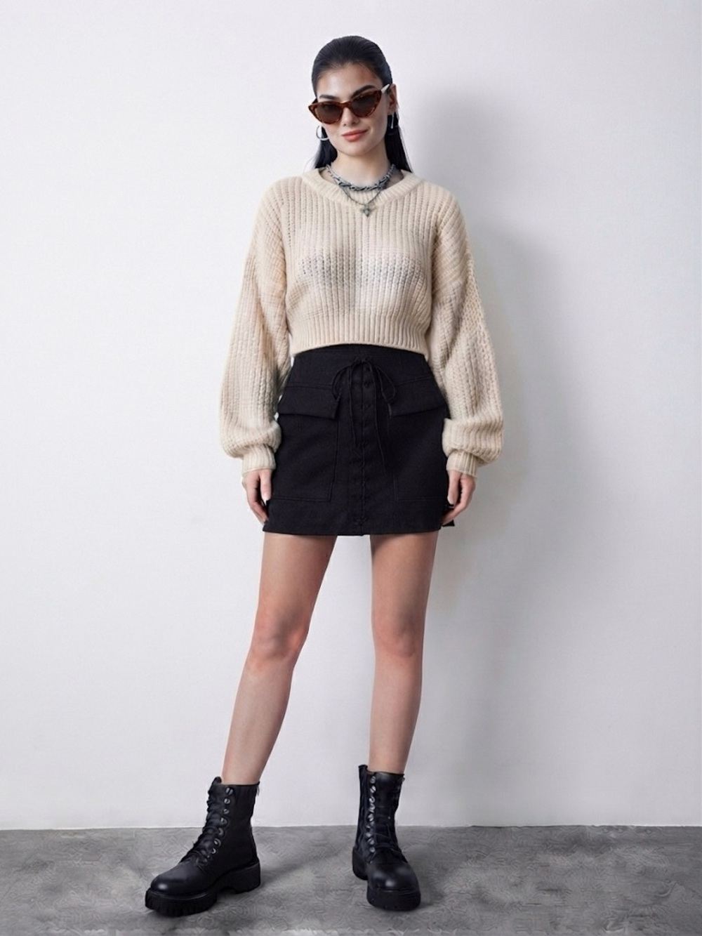 Brunette the Label Corset Tie Mini Skirt Small/Medium Black Faux Suede